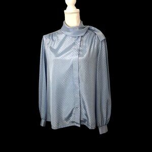 Vintage Aspirations Blue Blouse Bow Collar Size 16 1980's Office Core Secretary